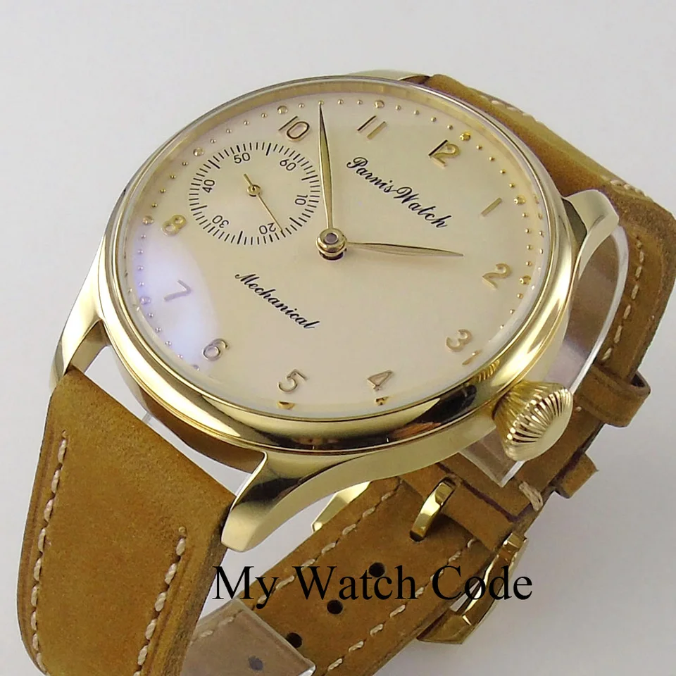 Vintage Parnis Mechanické ručné vinutie hodinky Men Zlato 44 mm oceľový náramok Sport 17 šperky 6497 Movtt Khaki Band Glass Glass Back