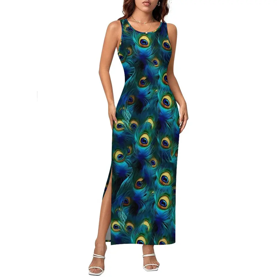 Vintage Peacock Feather Dress bez rukávov Nočný klub maxi šaty dovolenka Kórejský módny dizajn Bodycon šaty 2xl 3xl 4xl