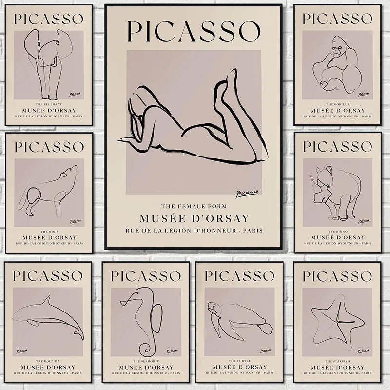 Vintage picasso line umenia minimalizmus Wolf Butterfly Pigeon Pes Anim Art Art Plaget maľba nástenná tlač