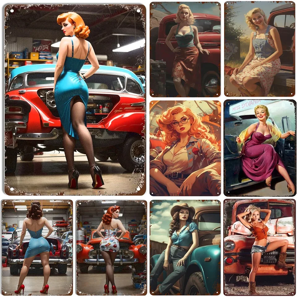 Vintage Pinup Car Model kovové plechové znaky sexy dievčatá nástenné plagáty Plaque retro železná maľba dekorácia pre domácu kaviareň