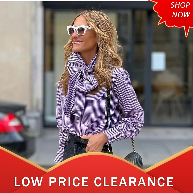 Vintage Plaid Bow Lace Up Collar Tirls Elegantné jednostranné gombíky s plným rukávom vrecká blúzka Ženy 2025 Spring Street Top