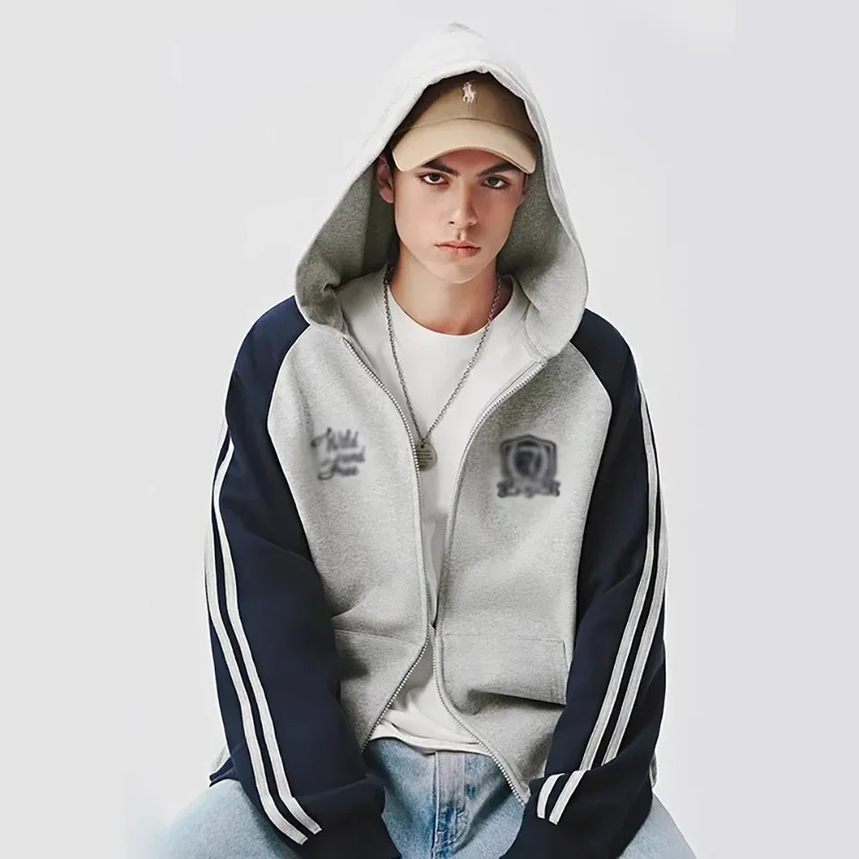 Vintage preppy štýl Pánska mikina bunda voľný fit s kapucňou pletená sveter