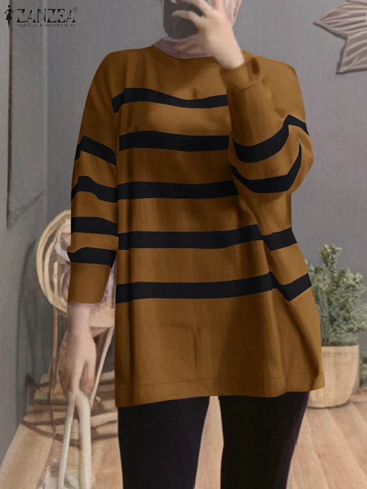 Vintage pruhovaná košeľa Zanzea Ženy Jeseň s dlhým rukávom Tops Moslim hidžáb blúzka 2024 Príležitostné voľné Blusas kaftan iziamické oblečenie