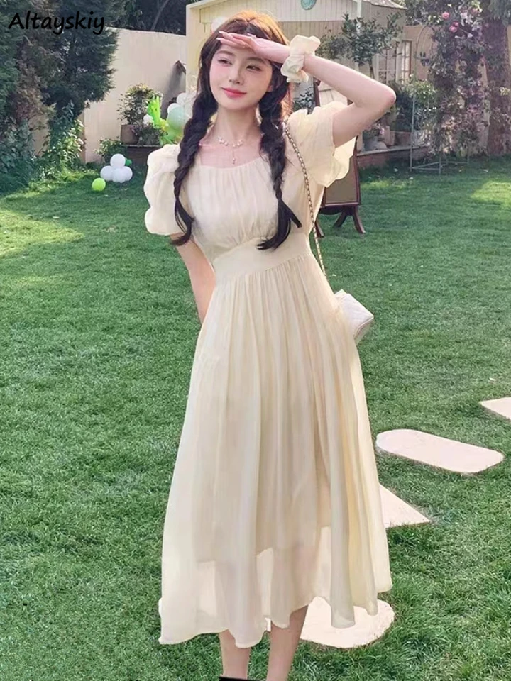 Vintage Puff Ruckve Dresses Dámske telescon francúzsky štýl midi rozprávky temperamentu Príležitostné leto letné leto Nové pevné ulzzangové dámy