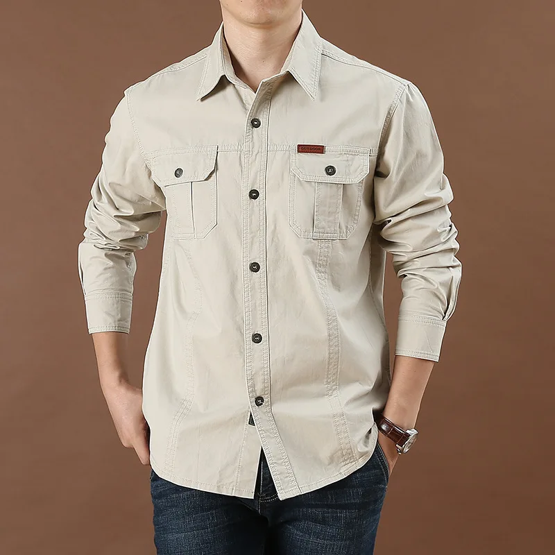 Vintage Pánska 100% bavlnená košeľa Safari Style Multi-Pocket Lafl Top Spring Autumn Dlhá rukáv pre mládež pre mládež plus veľkosť m-6xl