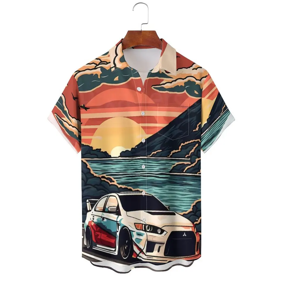 Vintage pánska košeľa pre mužov rukávy Tops Pláž a autá 3D tlačené tričko Summer mikina odpaliská dizajnér dizajnér