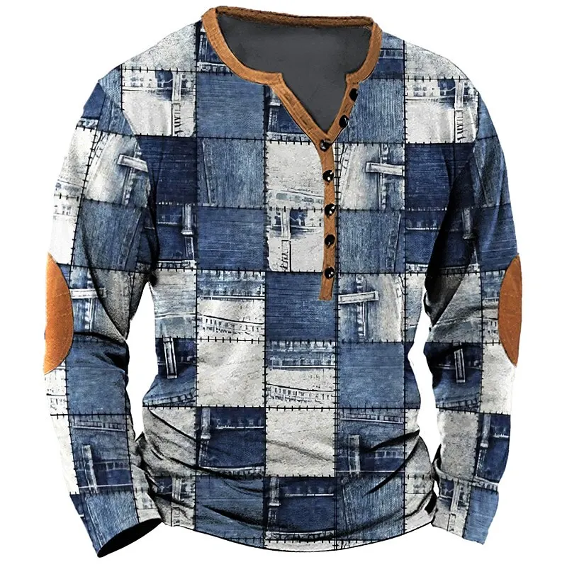 Vintage pánske tričko Imitácia Cotton Tees Geometická čiara 3D tlačená s dlhým rukávom Henley košeľa horná nadmerná nadmerná nadmerná nadmerná nadmerná nadmerná nadmerná nadmerná výška
