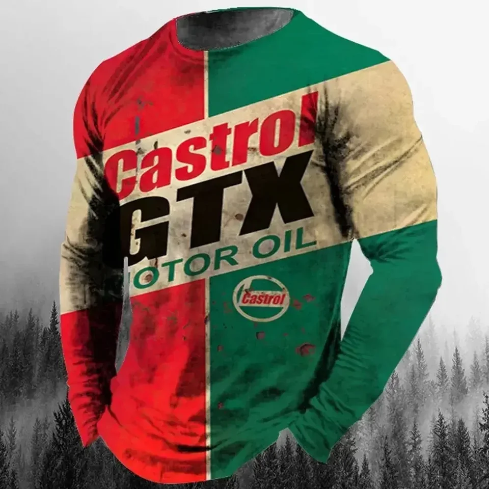 Vintage pánske tričko s dlhým rukávom Cyklistické vrcholy Tops 3D STP Oil Tlač motocykla Tričko s nadmerným voľným textaom mužom odevov 2024