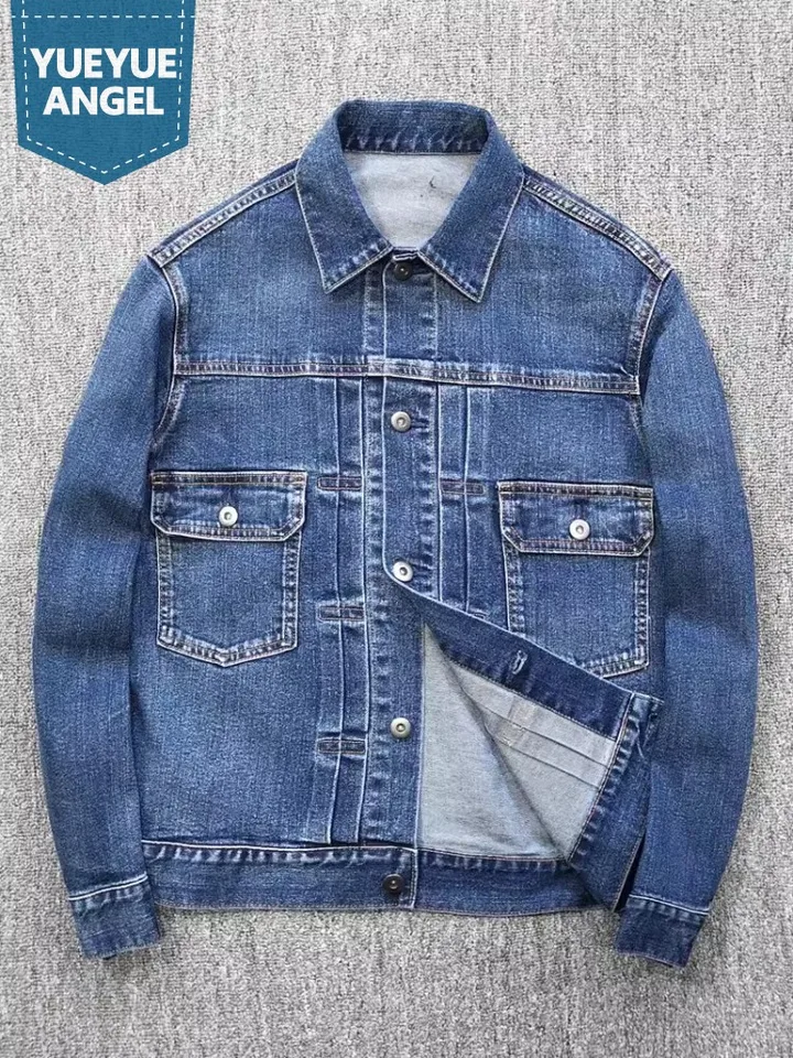 Vintage pánske vrecká s jednou dojovanou džínsovou bundou klopný golier Safari v štýle nákladný kabát Cast Spring Autumn Loose Cowboy Bund