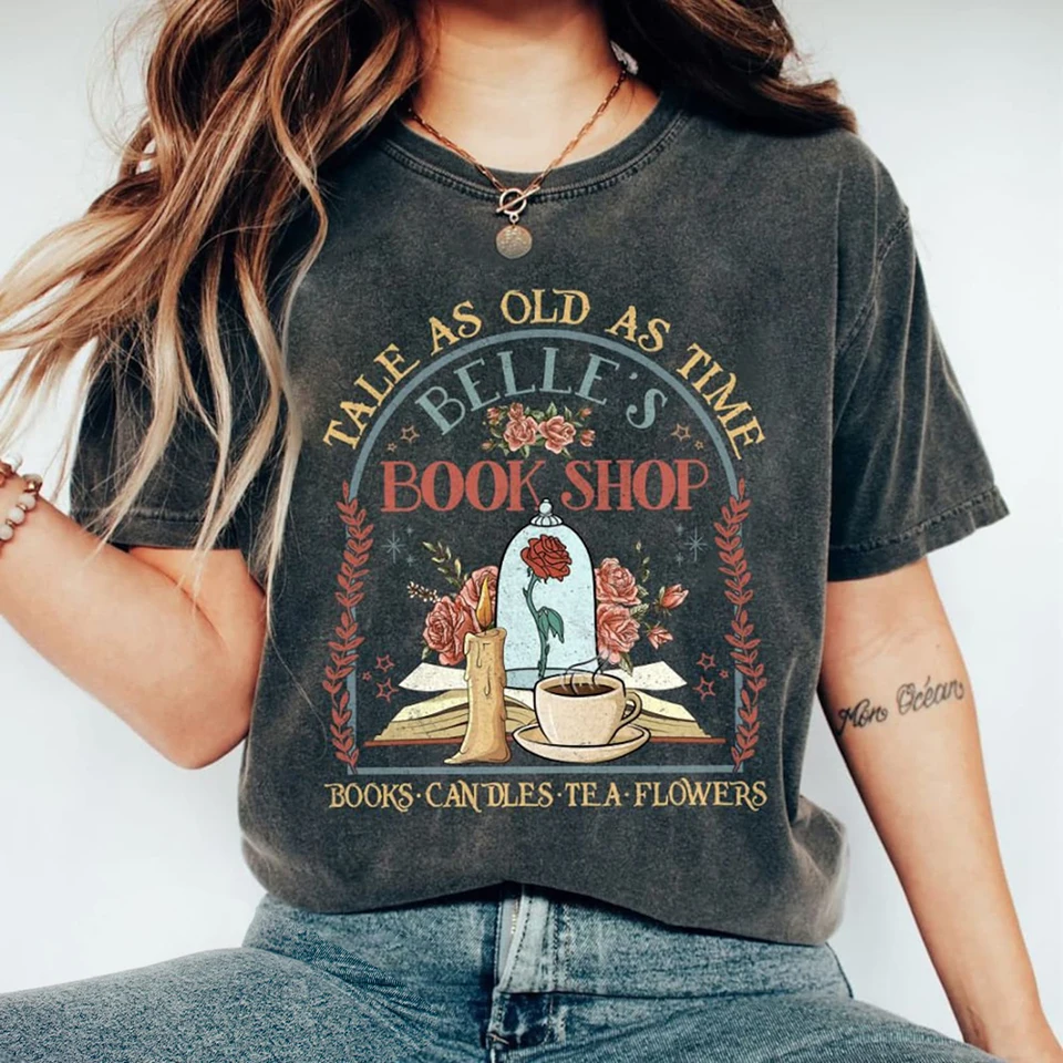 Vintage Retro Belle's Book Shop Tale Tale tak starý ako Time Beauty a Beast Magic Tee Casual Y2K Top Daily Trendy Streetwear