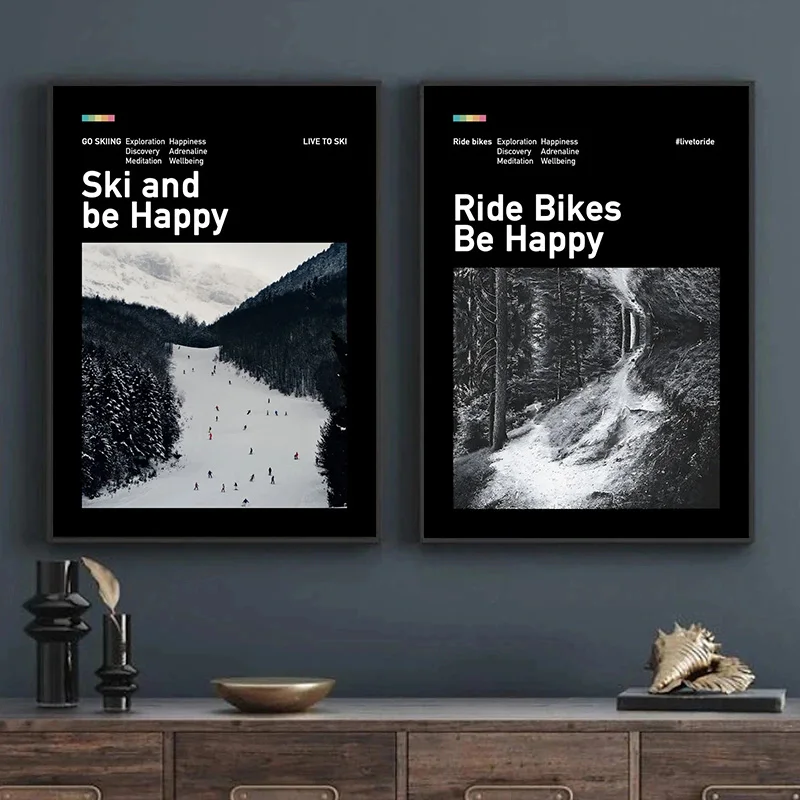 Vintage retro cyklistické lyžovanie horské bicykle jazda Be Happy Plaght Canvas maľba nástenné umelecké obrázky pre spálne