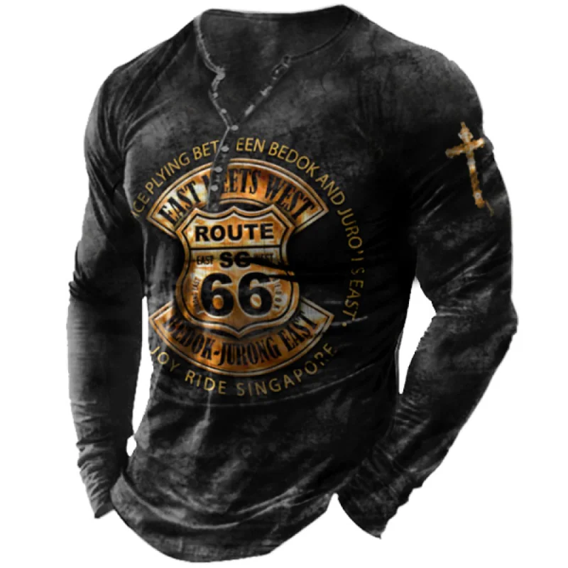 Vintage Route 66 Grafické 3D tlačové tričko pre mužov Cast Tee T košele s dlhými rukávmi odpaliská O-krk nadmerne nadmerné pánske odevy