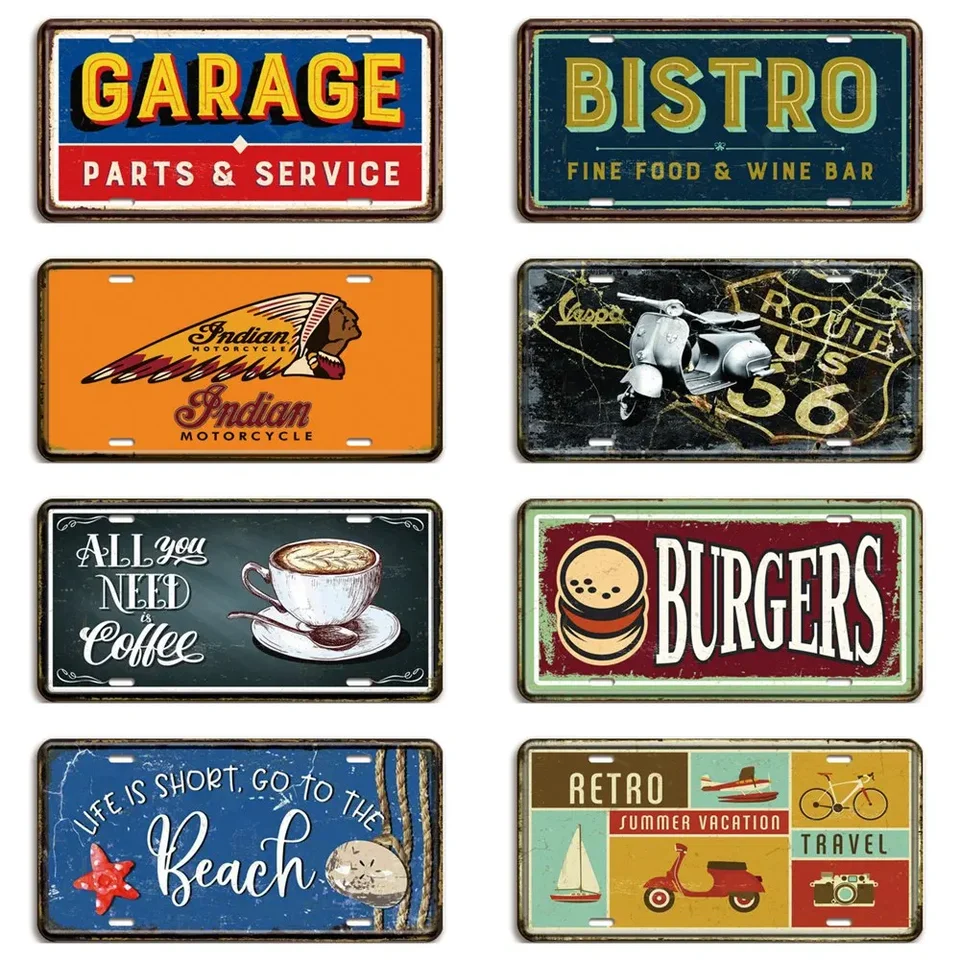 Vintage Route 66 ŠPZ, kovový znak Vespa, pláž, pivo, hamburgery, umelecká plaketa pre garáže, kaviareň, bar, dekoráciu domácej steny