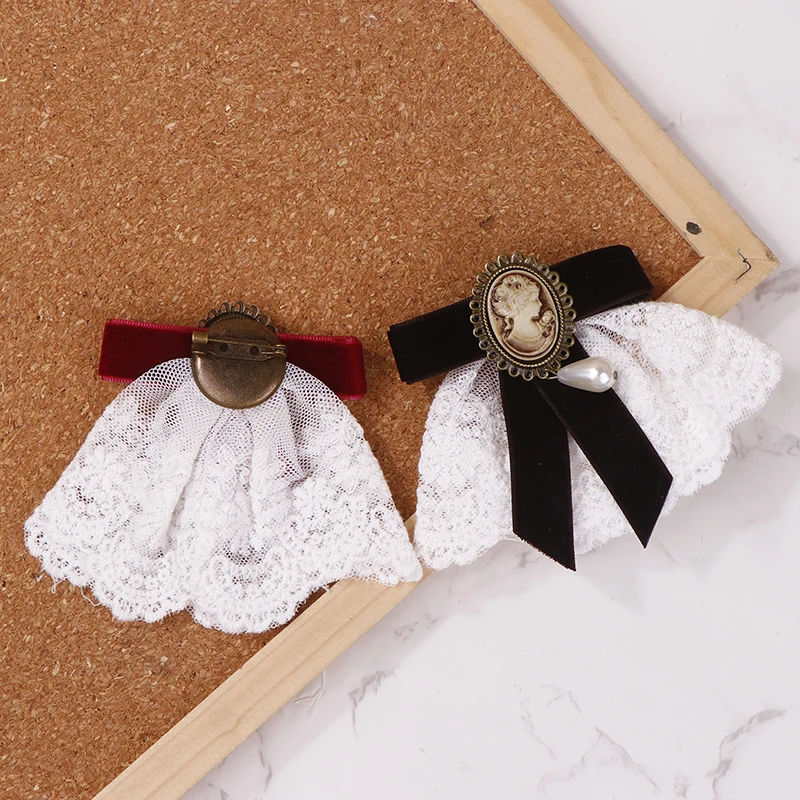 Vintage ručne vyrábaný čipka perla zamata Ribbon Bowknot Pins Bronze Plated Queen Cameo Cameo Beauty Head Benátska perla voda kvapka brošňa