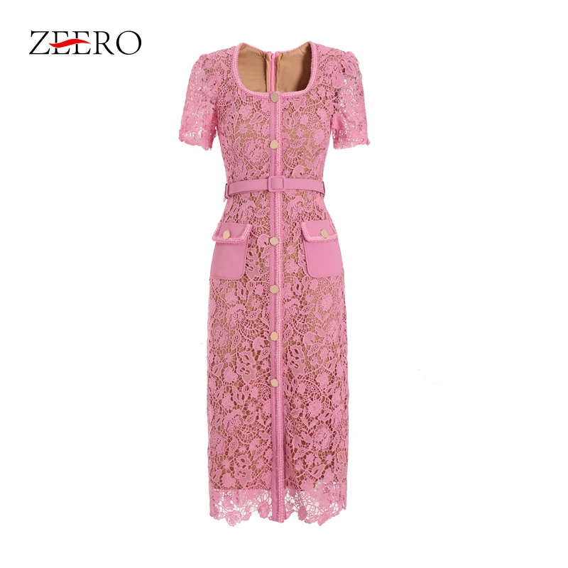 Vintage ružová sexy bodycon čipka o krk zlaté gombíky čipky dutiny Dám