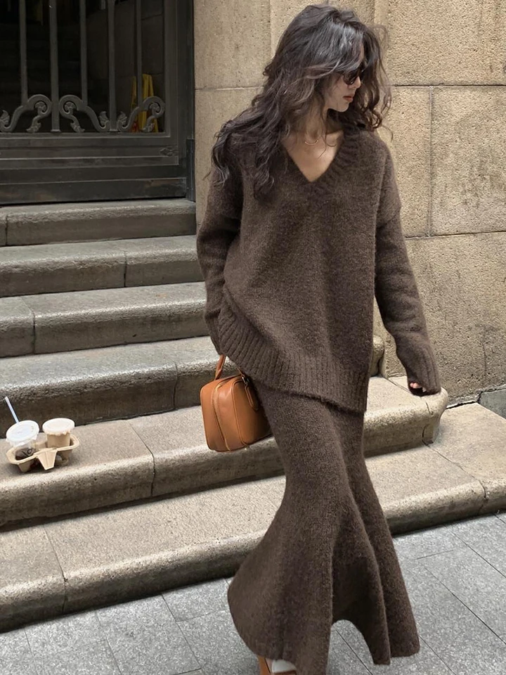 Vintage s dvoma kusmi sukňou mäkký sveter Príležitostné dámske dámske pletené v krku pullover s vysokým pásom móda zimné teplé nové oblečenie
