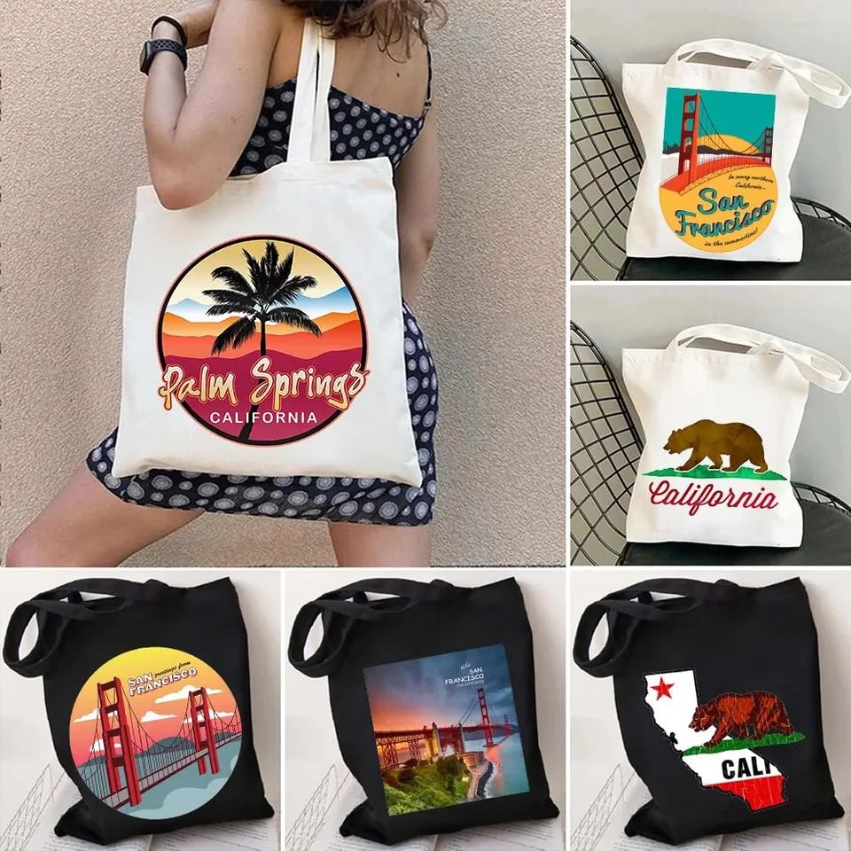 Vintage San Francisco California štátna medveď vlajka Golden Gate Bridge Palm Harajuku Tote Bag Flowable Shopping Bag Shopper Candbag