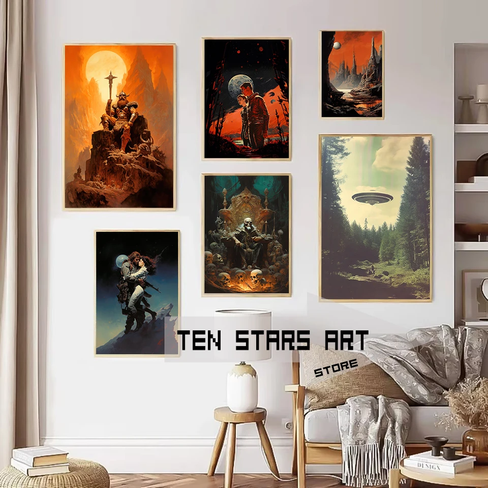 Vintage sci-fi planéta Art tlač Ufo Space astronauut Wall Art Vintage vesmírna hviezda komiks estetický dekor Canvas maľba dekorácia