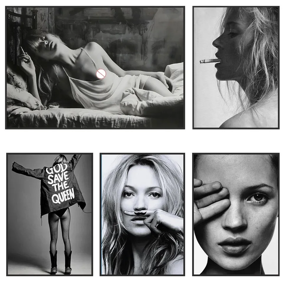 Vintage sexy supermodelka Kate Moss Plagát, Fajčiarske plátno, maľba tlačenej steny, ženská módna stena