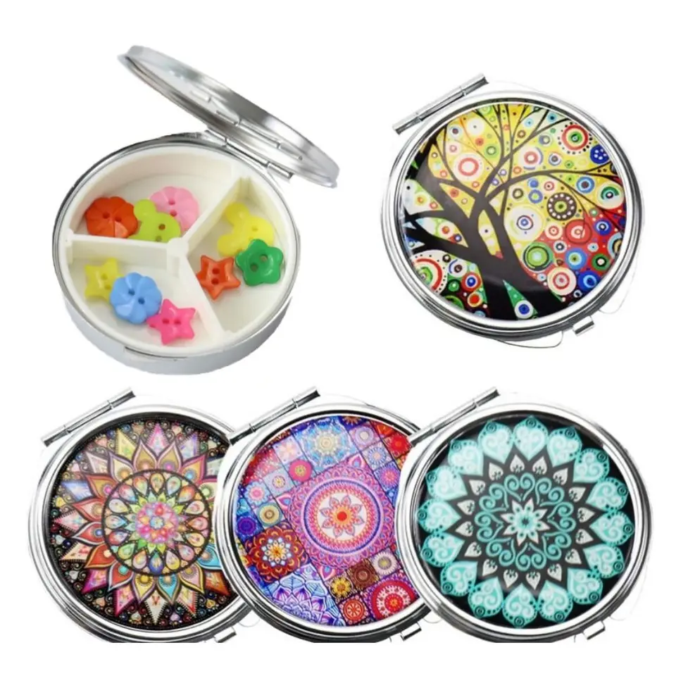 Vintage skladacie 3-mriežkové tabletky Pill Box Raouf so zrkadlom lieky na pilulku Round Mini Storage Box Cestovanie