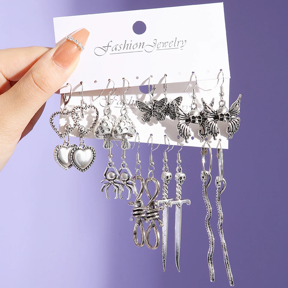 Vintage srdce Butterfly Snake náušnice pre ženy Goth stmavnite punk lebku retro strieborné farebné kovové náušnice sada šperkov doplnky