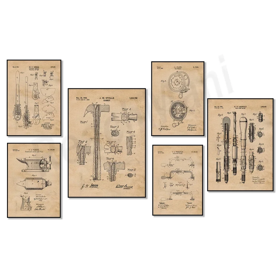 Vintage stavebné náradie Patent Tlač, Muž Cave Garage Machinery Stavba výstavby umenia plagátu, darček pre konštrukciu inžinierov