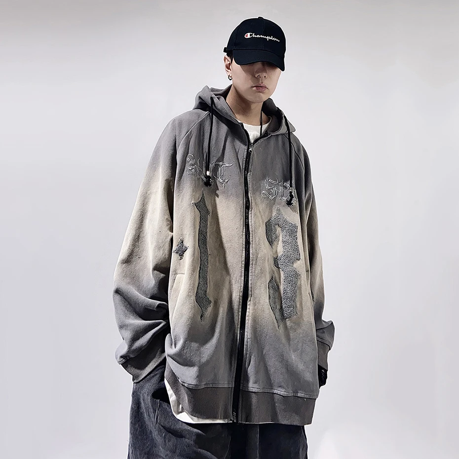 Vintage streetwear mikiny výšivky s nadmerne veľkým hip hopovými mikinu zips up mikiny Mikiny Pánske módne voľné stopy