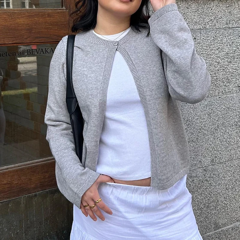 Vintage streetwear Ženy Y2K Pletený sveter móda Jedno gombíky Otvorené predné svetové farby Slid Color s dlhým rukávom Slim Fit pletiek