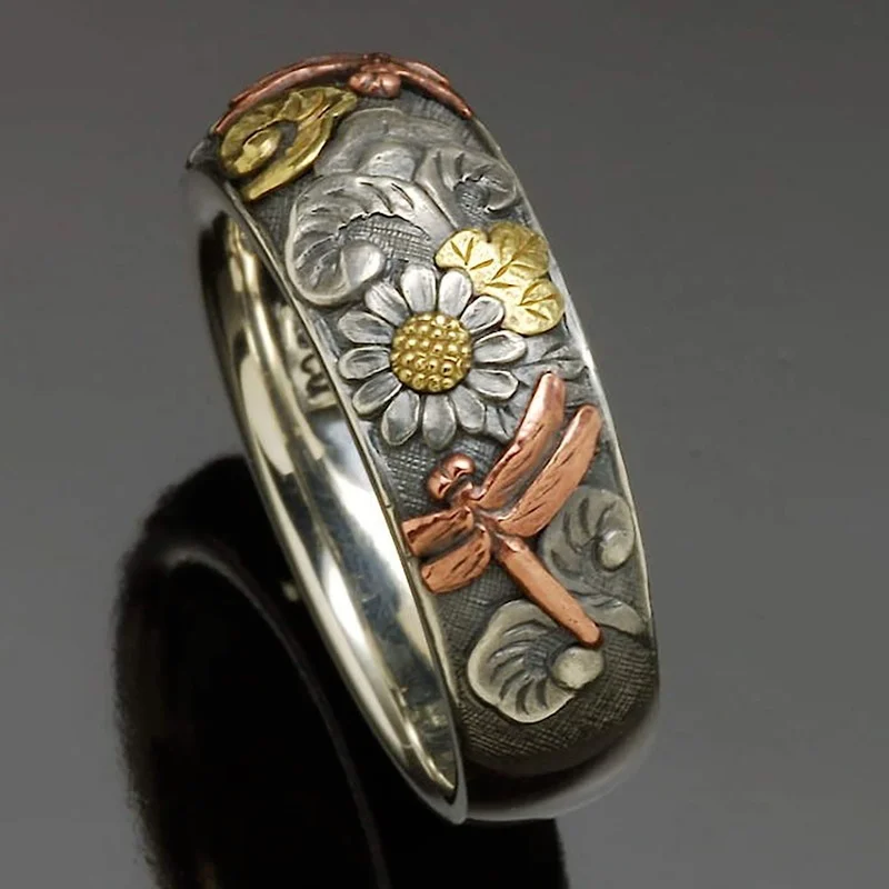 Vintage strieborné a ružové zlato vyrezávané slnečné prsteň Dragonfly Sunflower Unique Metal Flower Rings Dámske zásnubné párty prsteň šperky