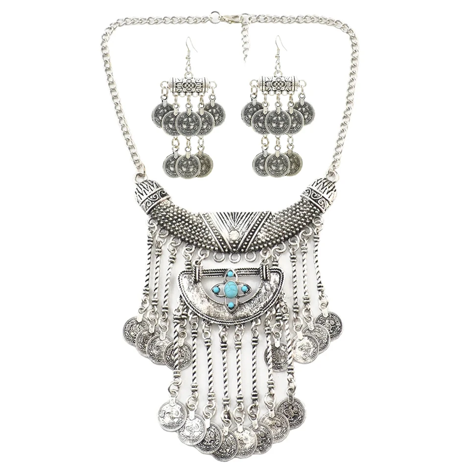 Vintage strieborné mince Tassel Moon Pendant Náušnice Náušnice pre ženy Afganistan cigán pakistan etnické oblečenie šperky