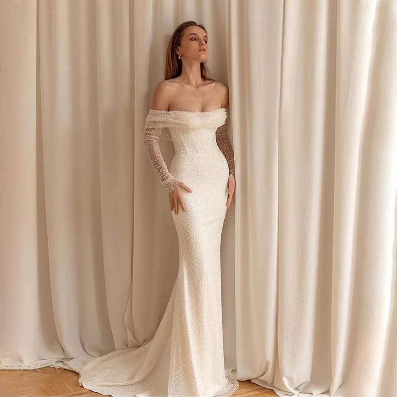 Vintage Svadobné šaty z morskej panny bez ramienok z ramena dlhé rukávy zametané lesklé svadobné šaty robe de mariée