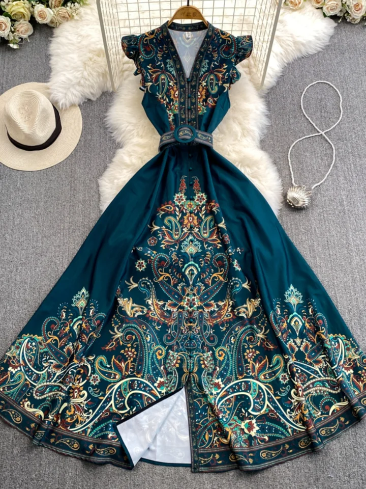 Vintage súdny štýl Dress Dress Ženy single Breast Sexy v krku do krku tlačené dlhé šaty letné elegantné štíhle A-long dlhé rúcho