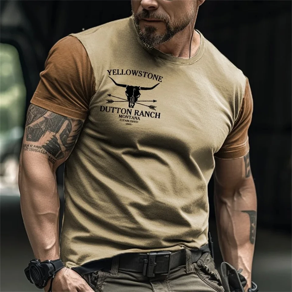 Vintage T košeľa pre mužov Yellowstone National Park 3D tlač kovbojské tričká s nadmerným krátkym rukávom Top neformálne štýl Streetwear