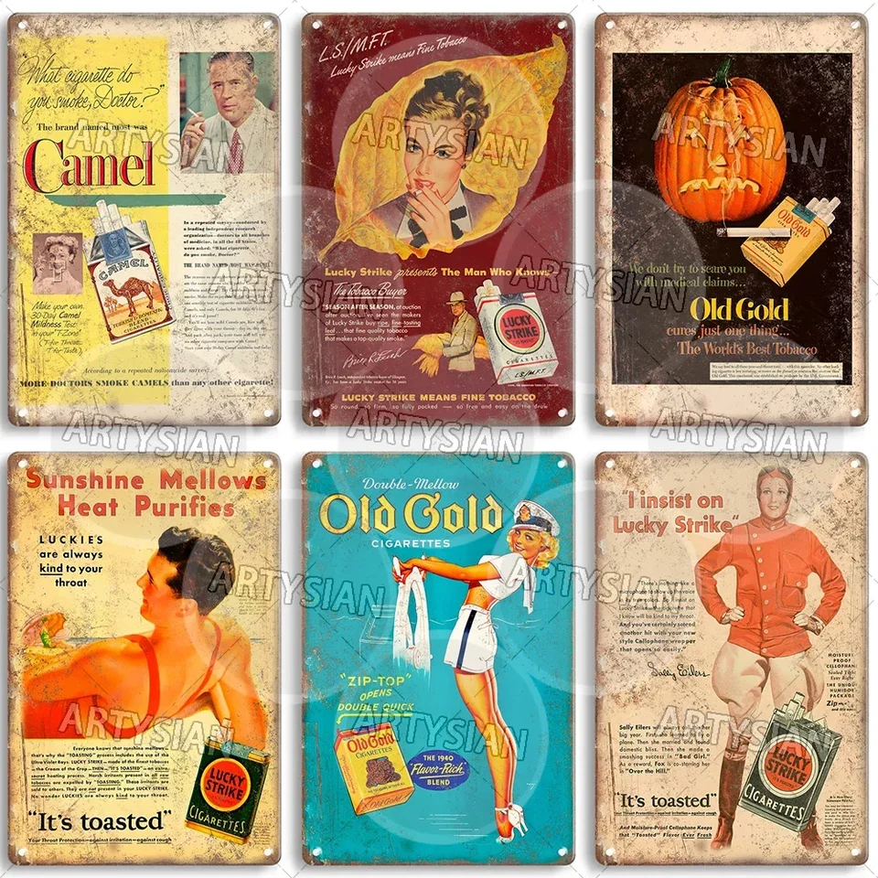 Vintage tabakové reklamy kovové znamenie cigarette kovové plakety Lucky Strike Camel Pall Mall Old Gold Winston Tareyton Viceroy Roi-Tan