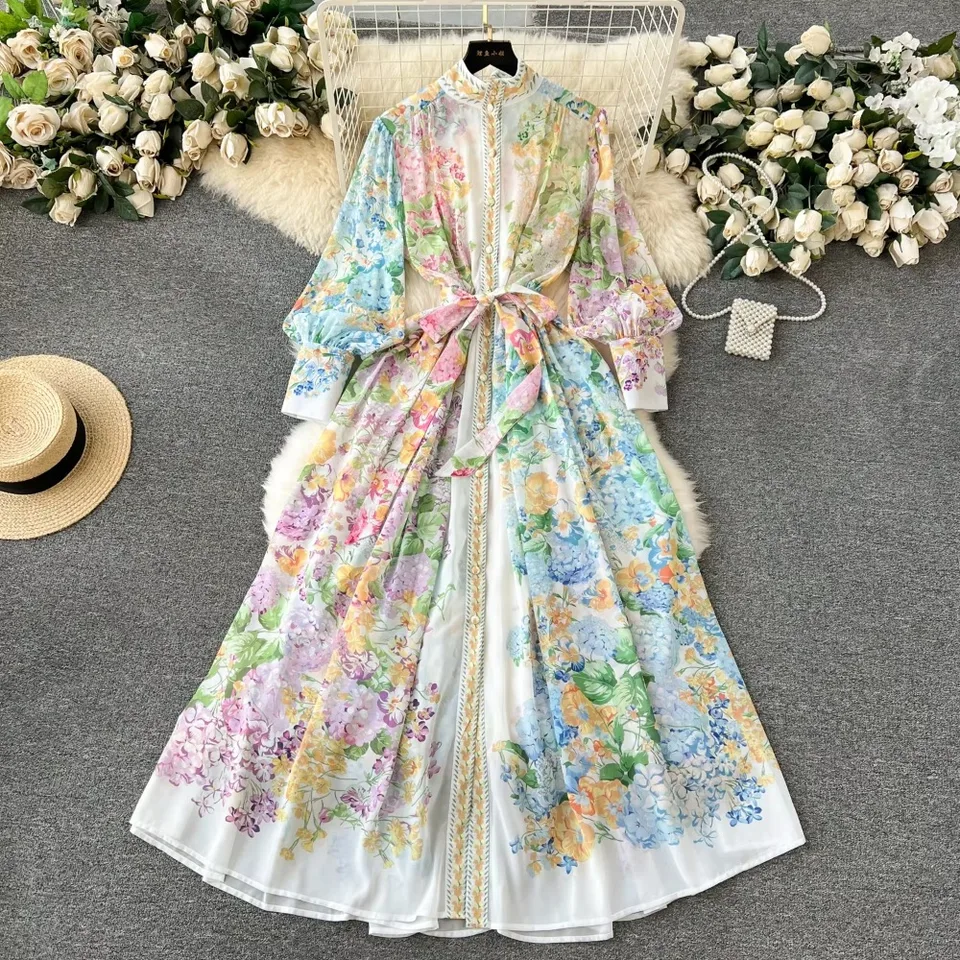 Vintage tlač elegantný polovičný obojok s jedným dojčeným šatám s dlhým rukávom A-line Príležitostné ženy móda jesenná jarná vesta Vestidos