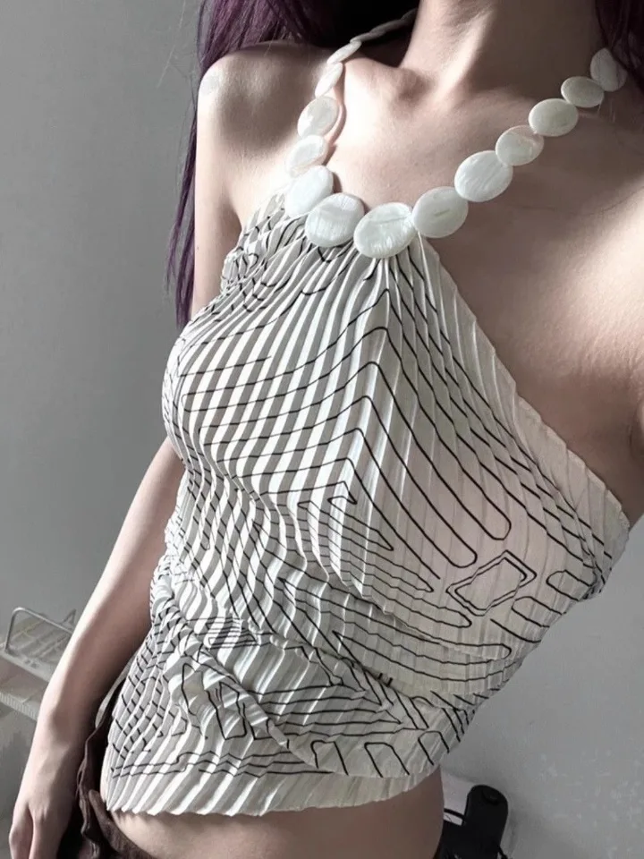 Vintage tlač korálkový halter camisole vesta pre ženy 2025 leto nová spodná nádrž top y2k slim fit bez rukávov Tops Mujer