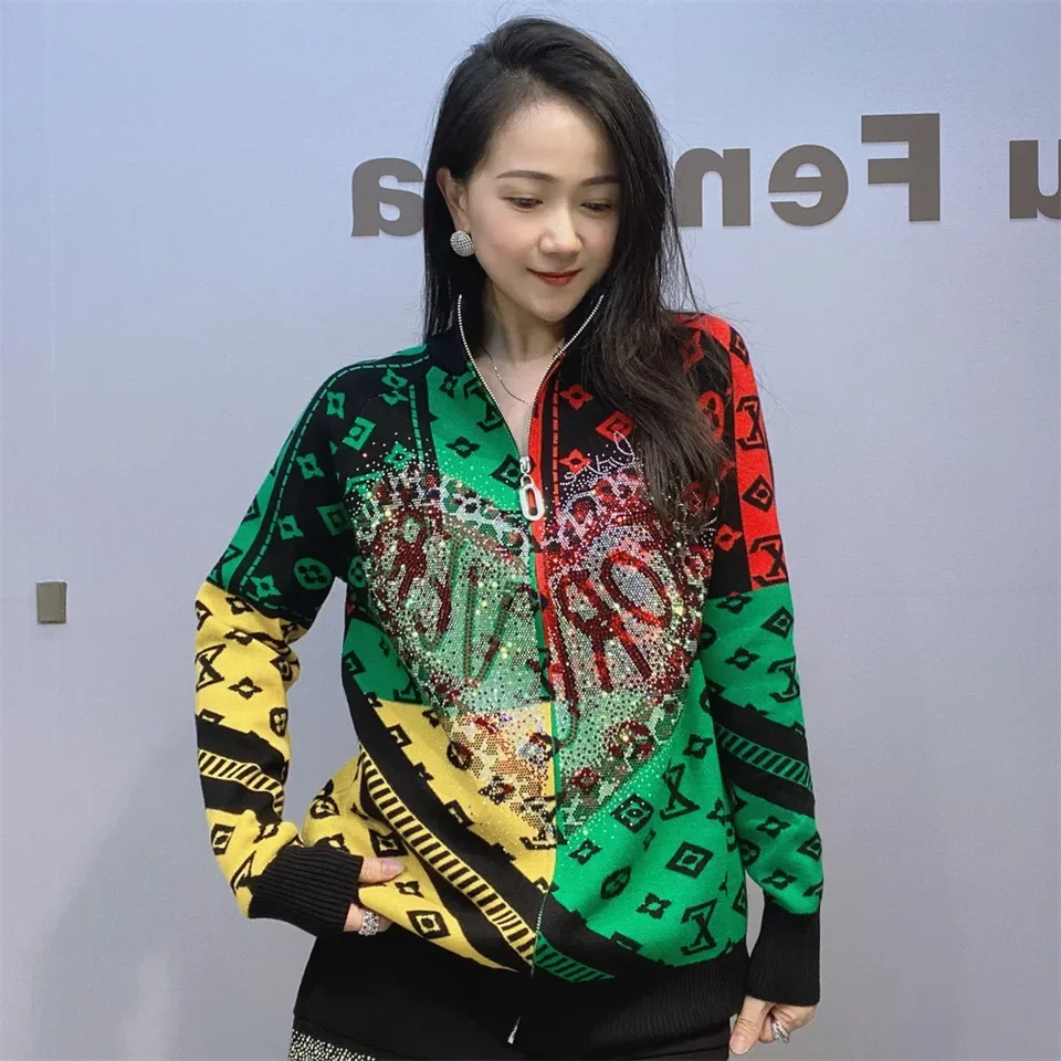 Vintage tlačené patchworky Ženy módne milostné diamanty voľný zips stojanový golier plné rukávové vrcholy