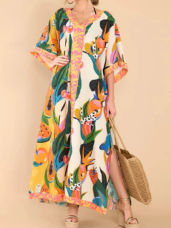 Vintage tlačiareň Loungewear maxi šaty 2023 Ženy Summer V-krk voľný fit párty šaty s krátkym rukávom Príležitostné elegantné dámske šaty