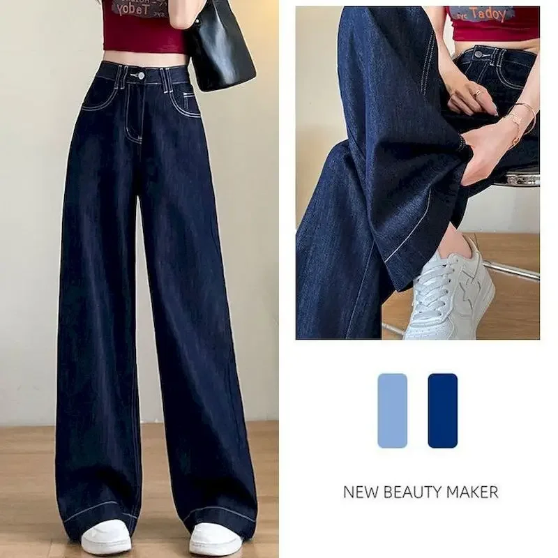 Vintage tmavo modrá voľná široká noha džínsy Ženy Kórejské móda Vysoko pasce džínsy Ženy na streetwear nohavice y2k oblečenie