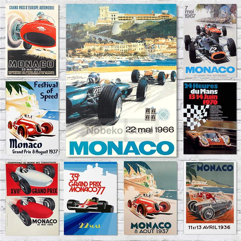 Vintage v 30. až 70. rokoch 20. storočia Monako Motor Racing Plagát retro plagát a výtlačky plátno maľba nástenné umelecké obrázky Domáce izba dekor