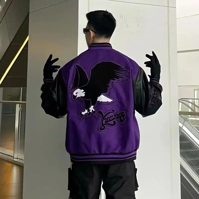 Vintage Varsity bunda Men fialové baseballové bundy výšivky pu faux kožené rukávy jar jesenné