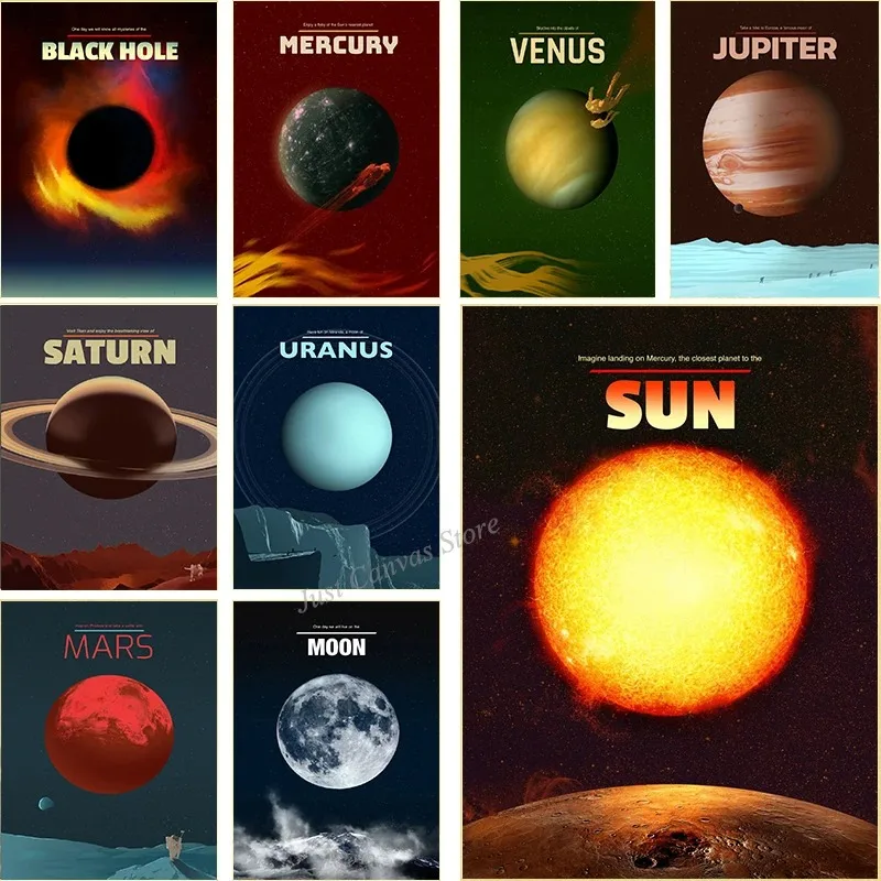 Vintage vesmír Kozmická slnečná slnečná sústava planéta Sun Moon čierna diera poster tlač maľba maľba nástenná umenie obývacia izba Domovod