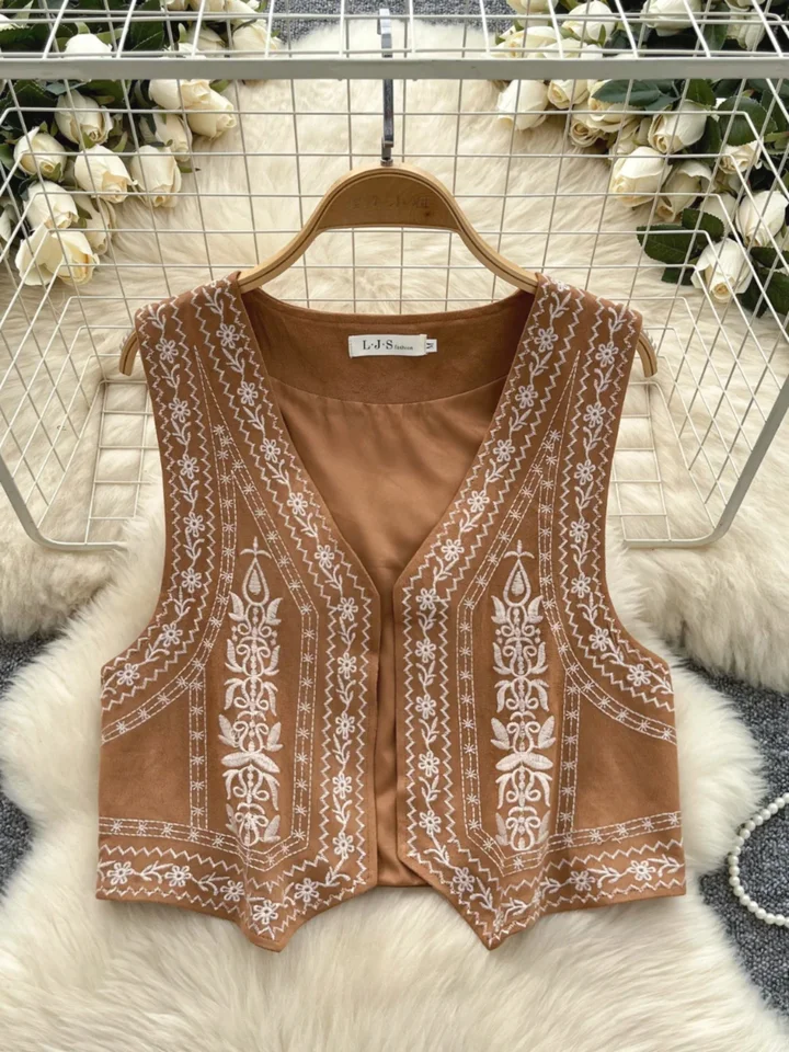 Vintage vesta pre ženy pre ženy bavlnená tkanina V-krk kvetinová výšivka vesta Žena jesenná dovolenka Príležitostné plodiny Top dropship