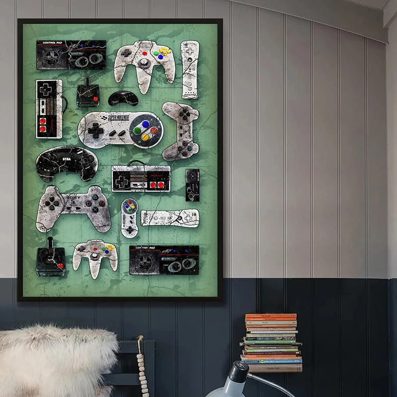 Vintage Video hry Výtlačky herné ilustrácie Gamepad Plagáty chlapci izba nástenné umenie dekor moderné plátno maľovacie obrázky