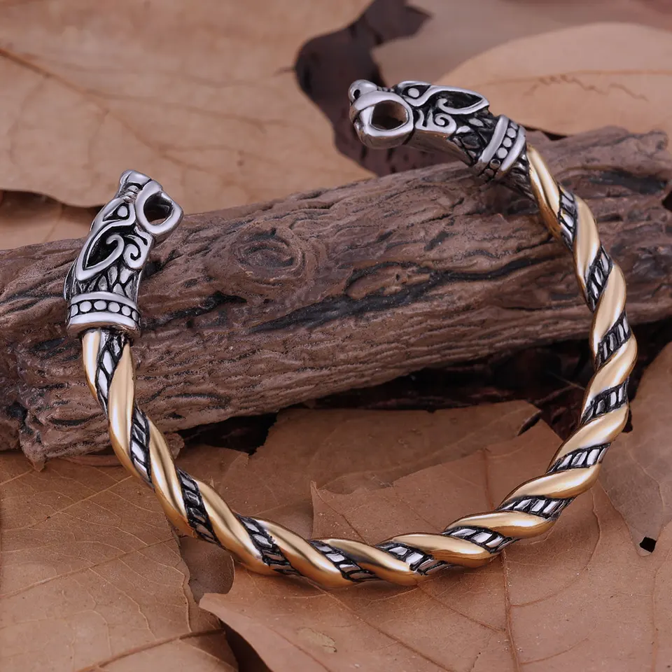 Vintage Vikings Wolf hlava Twist Cable Ofve Bangle Jewelry Pánske nehrdzavejúce oceľ zmiešané zlaté farby Otváranie zápästia Party Club Darček
