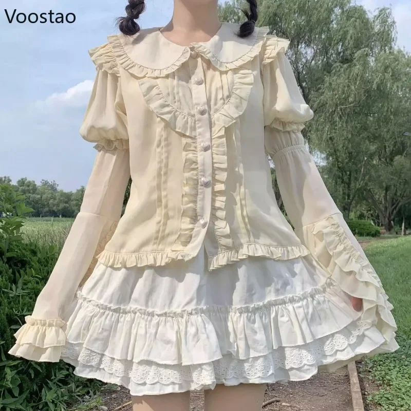 Vintage viktoriánske kawaii lolita košele Ženy Gotické guľky Peter Pan Collar Odnímateľný rukáv Blavenes Dievčatá y2k roztomilé sladké topy