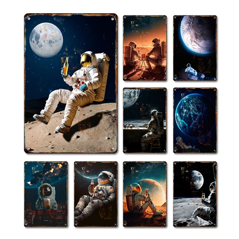 Vintage vtipný astronaut s kovovými kovovými plagátmi plechová značka Plaque Bar Domáca kuchyňa Kuchyňa maľba tanier nástenná umenie