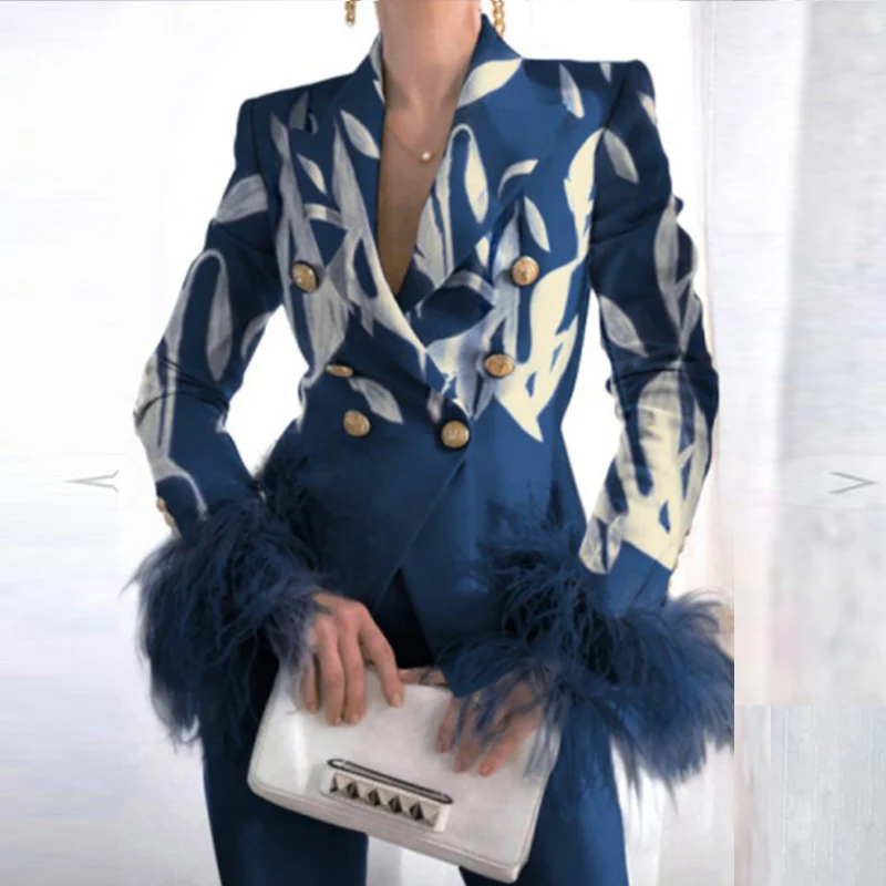 Vintage vzor perie Patchwork s dlhým rukávom sako bunda Elegantné klope Double Breasted Gombíky Outerwear Office Lady Tops