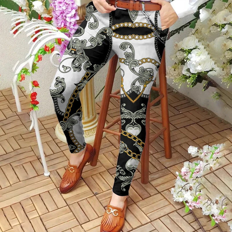 Vintage vzor potlačte štíhle fit ceruzky Panty Men 2023 Jar leto Príležitostný stredný pás Skinny priamy nohavice pánske streetwear
