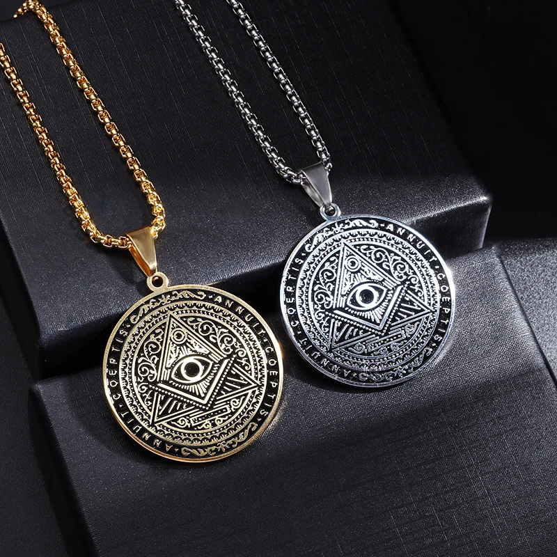 Vintage Všetky videnie očných run okrúhly prívesok z nehrdzavejúcej ocele pre mužov pre mužov Ženy Amulet slobodomurársky symbol vyhlásenie šperky darček
